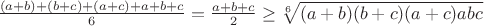 $\frac{(a+b)+(b+c)+(a+c)+a+b+c}{6}=\frac{a+b+c}{2} \ge \sqrt[6]{(a+b)(b+c)(a+c)abc}$