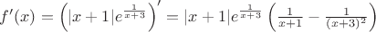 $f'(x)=\left(|x+1|e^\frac{1}{x+3}\right)'=|x+1|e^\frac{1}{x+3}\left(\frac{1}{x+1}-\frac{1}{(x+3)^2}\right)$