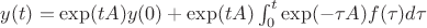 $y(t) = \exp(t A) y(0) + \exp(t A) \int_{0}^{t}\exp(-\tau A) f(\tau) d \tau$