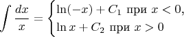 $$\int\frac{dx}x=\begin{cases}\ln(-x)+C_1\text{ при }x<0\text{,}\\ \ln x+C_2\text{ при }x>0\end{cases}$$