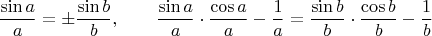 $$\dfrac {\sin a}{a}=\pm \dfrac {\sin b}{b} , \qquad
\dfrac {\sin a}{a}\cdot \dfrac {\cos a}{a}-\dfrac 1 a = \dfrac {\sin b}{b}\cdot \dfrac {\cos b}{b}-\dfrac 1 b $$