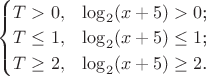 $\begin{cases}  
T > 0, & \text{$\log_2(x+5) > 0$;} \\  
T \leq 1, & \text{$\log_2(x+5) \leq 1$;} \\  
T \geq 2, & \text{$\log_2(x+5) \geq 2$.}  
\end{cases}$