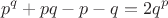 $$p^q+pq-p-q=2q^p$$