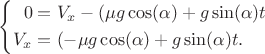 $
$$
\left\{
\begin{aligned}
0&=V_x-(\mu g\cos(\alpha)+g\sin(\alpha)t\\
V_x&=(-\mu g\cos(\alpha)+g\sin(\alpha)t.\\
\end{aligned}
\right.
$$$