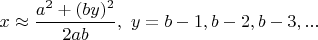 $x\approx \dfrac{a^2+(by)^2}{2ab},\ y=b-1,b-2,b-3, ...$