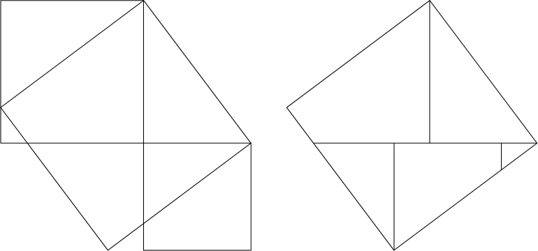 \begin{tikzpicture}
\draw(4,0)--(7,0)--(7,3)--(0,3)--(0,7)--(4,7)--cycle;
\draw(3,0)--(7,3)--(4,7)--(0,4)--cycle;
\draw(11,0)--(15,3)--(12,7)--(8,4)--cycle;
\draw(8.75,3)--(15,3);
\draw(11,0)--(11,3);
\draw(12,7)--(12,3);
\draw(14,2.25)--(14,3)
\end{tikzpicture}