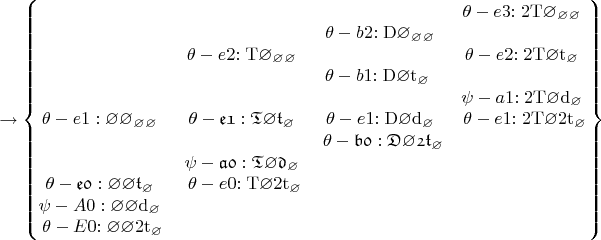 $\to\left\{
\begin{matrix}
    &   &   &\theta-e3\mathrm{:2T\varnothing_\varnothing_\varnothing}~\\
    &   &\theta-b2\mathrm{:D\varnothing_\varnothing_\varnothing}~&     \\
&\theta-e2\mathrm{:T\varnothing_\varnothing_\varnothing}~ &    &\theta-e2\mathrm{:2T\varnothing t_\varnothing}~\\
  &   &\theta-b1\mathrm{:D\varnothing t_\varnothing}~~&     \\
  &   &                                                                               &\psi-a1\mathrm{:2T\varnothing d_\varnothing}~ \\
\theta-e1:\varnothing\varnothing_\varnothing_\varnothing~&\mathfrak{\theta-e1:T\varnothing t_\varnothing}~   &\theta-e1\mathrm{:D\varnothing d_\varnothing}~&\theta-e1\mathrm{:2T\varnothing 2t_\varnothing}\\
    &  &\mathfrak{\theta-b0:D\varnothing 2t_\varnothing}                           &\\
   &\mathfrak{\psi-a0:T\varnothing d_\varnothing}~                                                                         &&     \\
\mathfrak{\theta-e0:\varnothing\varnothing t_\varnothing}~&\theta-e0\mathrm{:T\varnothing 2t_\varnothing}&     &\\
\psi-A0:\varnothing\varnothing\mathrm{d}_\varnothing~&  &  &     \\
\theta-E0\mathrm{:\varnothing\varnothing2t_\varnothing}&  &                                          &
\end{matrix}
\right\}$