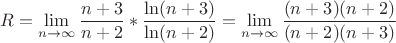 \[
R = \mathop {\lim }\limits_{n \to \infty } \frac{{n + 3}}
{{n + 2}}*\frac{{\ln (n + 3)}}
{{\ln (n + 2)}} = \mathop {\lim }\limits_{n \to \infty } \frac{{(n + 3)(n + 2)}}
{{(n + 2)(n + 3)}}
\]