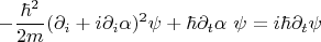 \begin{equation*}\label{}
    -\frac{\hbar^2}{2m} (\partial_i + i\partial_i\alpha)^2 \psi + \hbar \partial_t\alpha\ \psi = i\hbar\partial_t \psi
\end{equation*}