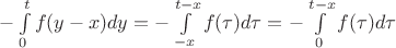 $-\int\limits_{0}^{t}f(y-x)dy = -\int\limits_{-x}^{t-x} f(\tau)d\tau = -\int\limits_{0}^{t-x} f(\tau)d\tau$