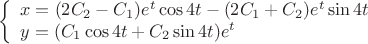 $$
\left\{ \begin{array}{l}
x= (2C_2-C_1)e^t\cos 4t - (2C_1+C_2)e^t\sin 4t\\
y=(C_1\cos 4t + C_2\sin 4t)e^t\\
\end{array} \right
$$