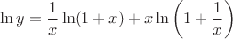 $\ln y=\dfrac{1}{x} \ln (1+x)+x \ln \bigg( 1+ \dfrac{1}{x} \bigg)$