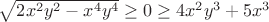 $\sqrt{2x^2y^2 - x^4 y^4} \ge 0 \ge 4x^2y^3+5x^3$