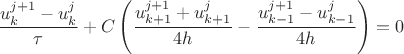$$\dfrac{u^{j+1}_k - u^j_k}{\tau} + C\left(\frac{u^{j+1}_{k+1} + u^j_{k+1}}{4h} - \frac{u^{j+1}_{k-1} - u^j_{k-1}}{4h \right) = 0}$$