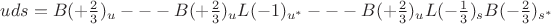 $uds = B(+\frac{2}{3})_u---B(+\frac{2}{3})_uL(-1)_{u^*}---B(+\frac{2}{3})_uL(-\frac{1}{3})_sB(-\frac{2}{3})_{s^*}$