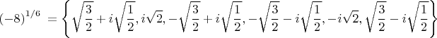 $${{\left( -8 \right)}^{{1}/{6}\;}}=\left\{ \sqrt{\frac{3}{2}}+i\sqrt{\frac{1}{2}},i\sqrt{2},-\sqrt{\frac{3}{2}}+i\sqrt{\frac{1}{2}},-\sqrt{\frac{3}{2}}-i\sqrt{\frac{1}{2}},-i\sqrt{2},\sqrt{\frac{3}{2}}-i\sqrt{\frac{1}{2}} \right\}$$