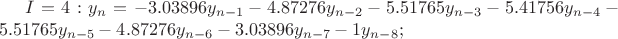 $I=4: y_n=-3.03896y_{n-1}-4.87276y_{n-2}-5.51765y_{n-3}-5.41756y_{n-4}-5.51765y_{n-5}-4.87276y_{n-6}-3.03896y_{n-7}-1y_{n-8};$