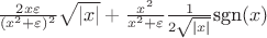 $\frac{2x\varepsilon}{(x^2+\varepsilon)^2}\sqrt{|x|}+\frac{x^2}{x^2+\varepsilon}\frac{1}{2\sqrt{|x|}}\text{sgn}(x)$