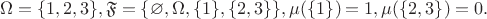 $$\Omega=\{1,2,3\},\mathfrak{F}=\{\varnothing,\Omega,\{1\},\{2,3\}\},\mu(\{1\})=1,\mu(\{2,3\})=0.$$