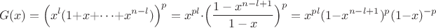 $$G(x)=\Big(x^l(1+x+\dots+x^{n-l}) \Big)^p=x^{pl}\cdot \Big(\dfrac{1-x^{n-l+1}}{1-x} \Big)^p=x^{pl}(1-x^{n-l+1})^p(1-x)^{-p}$$