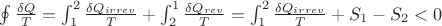 $\oint \frac{\delta Q}{T}=\int_{1}^2 \frac{\delta Q_{irrev}}{T}+\int_{2}^1 \frac{\delta Q_{rev}}{T}=\int_{1}^2 \frac{\delta Q_{irrev}}{T}+S_1-S_2<0$