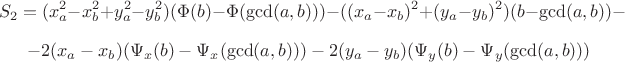 $$S_2=(x_a^2-x_b^2+y_a^2-y_b^2)(\Phi(b)-\Phi(\gcd(a,b)))-((x_a-x_b)^2+(y_a-y_b)^2)(b-\gcd(a,b))-$$ $$-2(x_a-x_b)(\Psi_x(b)-\Psi_x(\gcd(a,b)))-2(y_a-y_b)(\Psi_y(b)-\Psi_y(\gcd(a,b)))$$