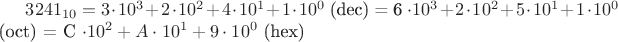 $3241_{10} = 3 \cdot 10^3+2 \cdot 10^2+4 \cdot 10 ^1+1 \cdot 10^0$ (dec) = 
6 \cdot 10^3+ 2 \cdot 10^2+5 \cdot 10 ^1+1 \cdot 10^0$ (oct) = 
C \cdot 10^2+A \cdot 10 ^1+9 \cdot 10^0$ (hex)
