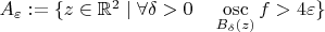 $A_\varepsilon:=\{z\in\mathbb{R}^2\mid\forall\delta>0\quad\mathop{\rm osc}\limits_{B_{\delta}(z)}f>4\varepsilon\}$