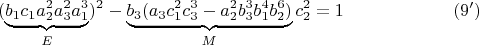 $$ ( \underbrace { b_1c_1a_2^2a_3^2a_1^3 }_{E} )^2 -\underbrace{b_3(a_3c_1^2c_3^3-a_2^2b_3^3b_1^4b_2^6)}_{M} c_2^2=1 \eqno(9')$$