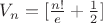 $V_n=[\frac{n!}{e}+\frac{1}{2}]$