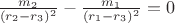 $\frac{m_2}{(r_2-r_3)^2}-\frac{m_1}{(r_1-r_3)^2}=0$