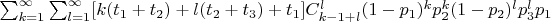 $\sum^{\infty}_{k=1}\sum^{\infty}_{l=1}[k(t_1+t_2)+l(t_2+t_3)+t_1]C_{k-1+l}^l(1-p_1)^k p_2^k (1-p_2)^lp_3^lp_1 $