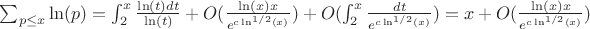 $\sum_{p \leq x}{\ln(p)}=\int_2^x {\frac {\ln(t)dt}{\ln(t)}}+O(\frac {\ln(x)x}{e^{c\ln^{1/2}(x)}})+O(\int_2^x{\frac {dt}{e^{c\ln^{1/2}(x)}}})=x+O(\frac {\ln(x)x}{e^{c\ln^{1/2}(x)}})$