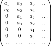 $$\begin{pmatrix}
a_1 & a_3 & a_5 & \dots\\
a_0 & a_2 & a_4 & \dots\\
0 & a_1 & a_3 & \dots\\
0 & a_0 & a_2 & \dots\\
0 & 0 & a_1 & \dots\\
0 & 0 & a_0 & \dots\\
\dots & \dots & \dots & \dots
\end{pmatrix}$$