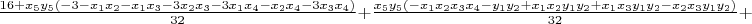 $\frac{16 + x_5 y_5(-3 - x_1 x_2 - x_1 x_3 - 3 x_2 x_3 - 3 x_1 x_4 - x_2 x_4 - 3 x_3 x_4)}{32}+
\frac{x_5 y_5( -x_1 x_2 x_3 x_4 - y_1 y_2 + x_1 x_2 y_1 y_2 + x_1 x_3 y_1 y_2 - x_2 x_3 y_1 y_2)}{32}+$