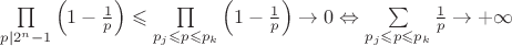 $\prod\limits_{p|2^n-1}\left(1-\frac{1}{p}\right)\leqslant \prod\limits_{p_j\leqslant p\leqslant p_k}\left(1-\frac{1}{p}\right)\to 0 \Leftrightarrow \sum\limits_{p_j\leqslant p\leqslant p_k}\frac{1}{p}\to +\infty$