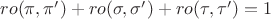 $ro(\pi,\pi')+ro(\sigma,\sigma')+ro(\tau,\tau')=1$