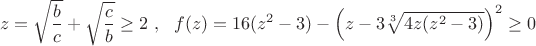 $$z= \sqrt{\dfrac{b}{c}}+\sqrt{\dfrac{c}{b}}\ge 2\  ,\ \ f(z)= 16(z^2-3)-\left( z-3\sqrt[3]{4z(z^2-3)}\right)^2 \ge 0$$