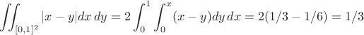 $$
\iint_{[0,1]^2} |x-y|dx\,dy = 2\int_0^1 \int_0^x (x-y) dy\,dx = 2(1/3-1/6) = 1/3
$$