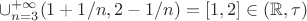 $\cup_{n=3}^{+\infty} (1+1/n, 2-1/n)=[1,2] \in (\mathbb{R}, \tau)$