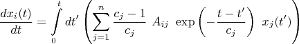 $$\frac{dx_i(t)}{dt}=\int\limits_0^t dt' \left(\sum\limits_{j=1}^{n}\frac{c_j-1}{c_j} \ A_{ij} \ \exp \left({-\frac{t-t'}{c_j}}\right) \ x_j(t')\right)$$