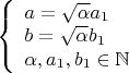 $\left\{
\begin{array}{lcl}
 a=\sqrt{\alpha}a_1 \\
  b=\sqrt{\alpha}b_1\\
\alpha,a_1,b_1\in\mathbb{N}
\end{array}
\right.$