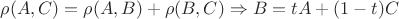 $\rho(A,C) = \rho(A,B) + \rho(B,C)\Rightarrow B = tA+(1-t)C$