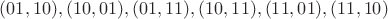 $(01,10),(10,01),(01,11),(10,11),(11,01),(11,10)$