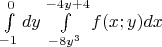 $\[\int\limits_{ - 1}^0 {dy\int\limits_{ - 8{y^3}}^{ - 4y + 4} {f(x;y)dx} } \]$