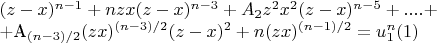 $(z-x)^{n-1} +nzx(z-x)^{n-3} +A_2z^2x^2(z-x)^{n-5}+ ....+


+A_{(n-3)/2}(zx)^{(n-3)/2}(z-x)^2 + n(zx)^{(n-1)/2}= u_1^n\engo(1)$