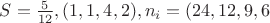 $S=\frac{5}{12},(1,1,4,2),n_i=(24,12,9,6$