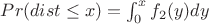 $Pr(dist\leq x)=\int_0^x f_2(y)dy$