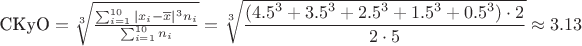 $\text{СКуО} =  \sqrt[3]{\frac{\sum^{10}_{i=1}|x_i-\overline{x}|^3n_i}{\sum^{10}_{i=1}n_i}} = \sqrt[3]{\dfrac{(4.5^3+3.5^3+2.5^3+1.5^3+0.5^3)\cdot2}{2\cdot5}} \approx 3.13$