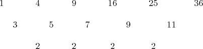$
\begin{array}{сссссccccccс}
1&&&4&&&9&&&16&&&25&&&36\\ \\
&3&&&5&&&7&&&9&&&11&&&&\\ \\
&&&2&&&2&&&2&&&2&&&&\\
\end{array} \right.
$
